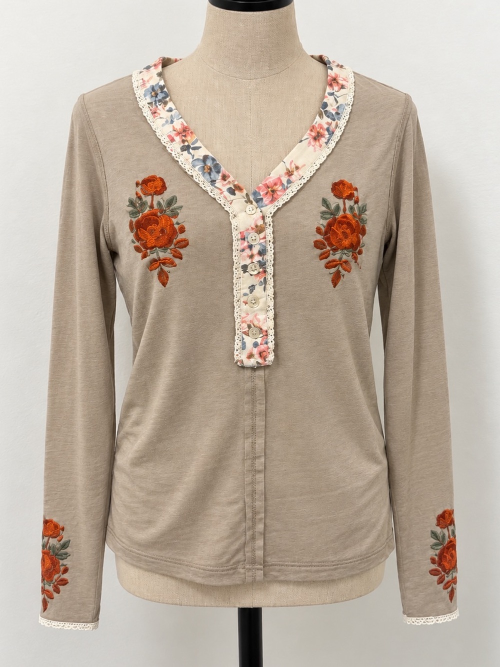 POL Taupe Button-Front Henley with Orange Floral Embroidery